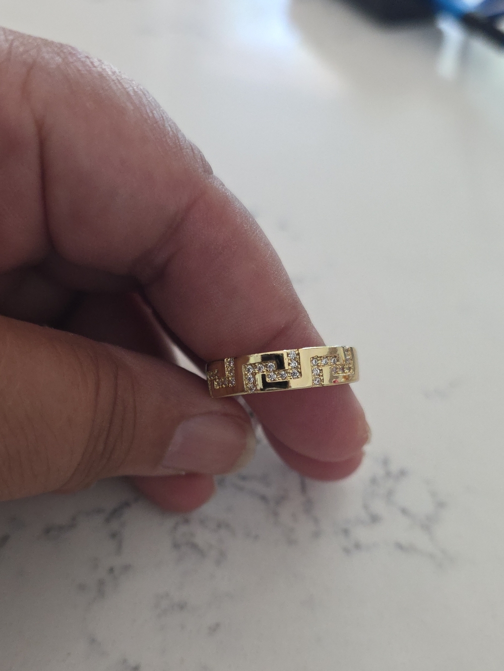14k Gold Plated Greek Key Band Ring with Pavé Stones - Women